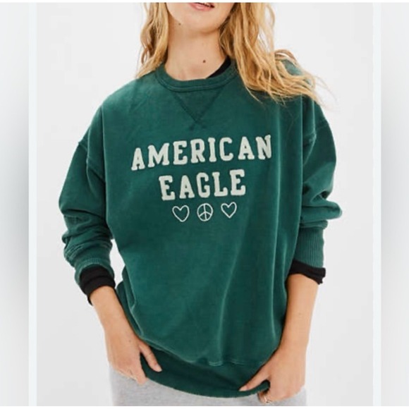American Eagle Sweatshirt Oversized Graphic Hearts Peace Sign Green XS‎ Retro - Picture 1 of 10